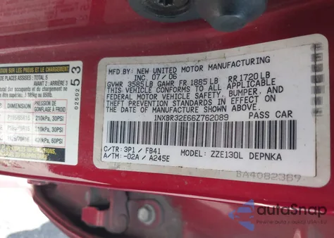 2006 Toyota Corolla Le z USA, uszkodzony, nr VIN 1NXBR32E66Z762089